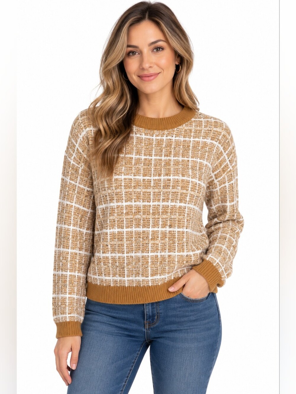 Shein Women's Acrylic Sweater Long Sleeve Camel Tan Stripe Window Design Size L